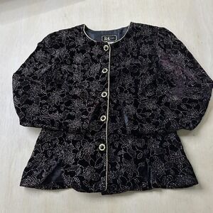 Vintage R&K Evening Jacket Womens 10 Black Velvet Floral Button Front Short USA